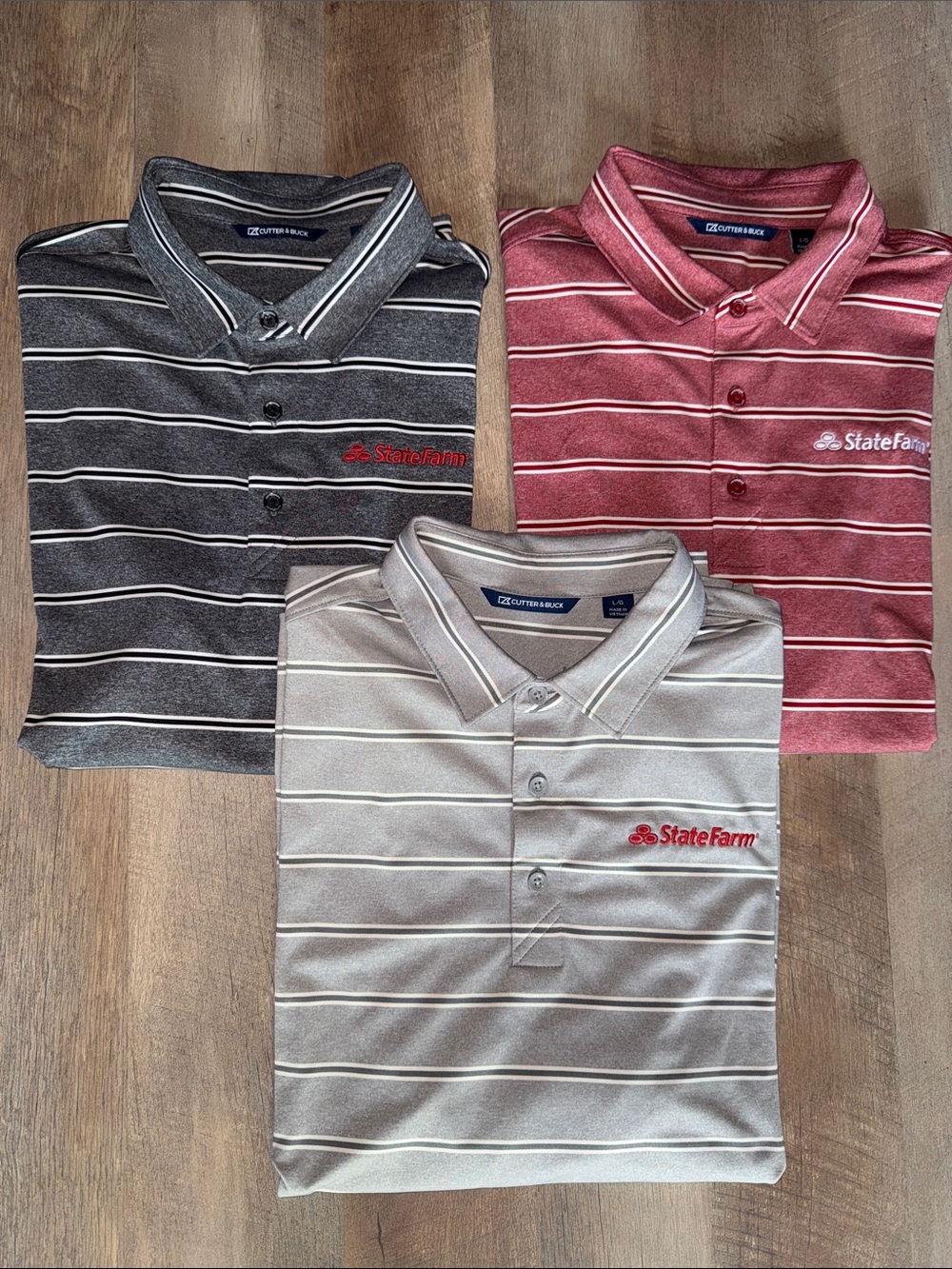 Cutter & Buck Men’s State Farm Bundle Striped Polos - Gray, Charcoal, Red Large